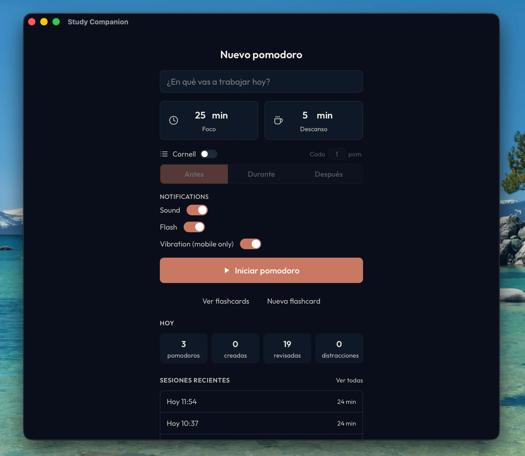 Pantalla principal de Study Companion con timer Pomodoro